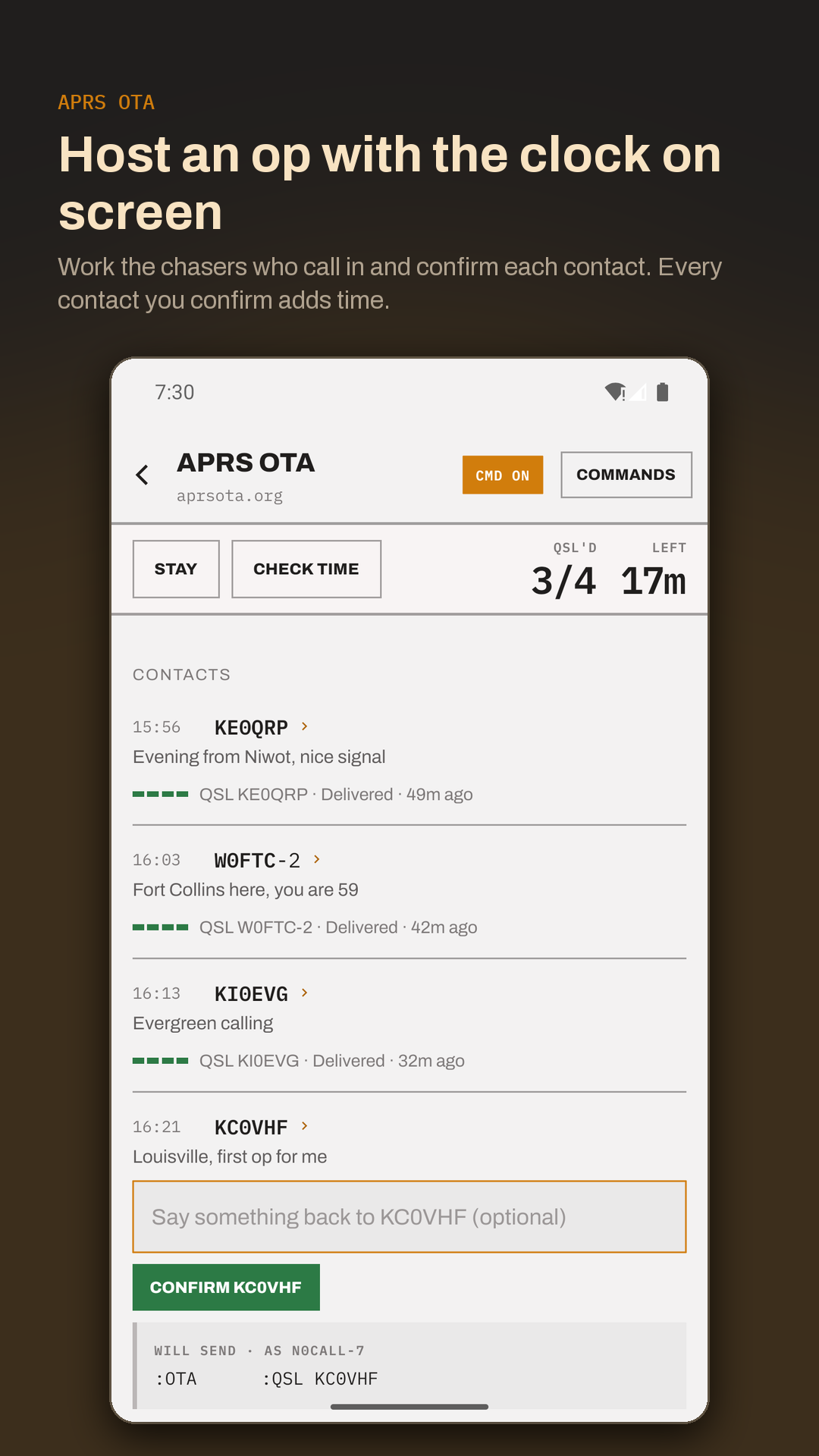 The APRS Connect host screen. Four chasers have called in, the counter
            reads three QSLs out of four, seventeen minutes are left on the op
            clock, and KC0VHF has a confirm button waiting.