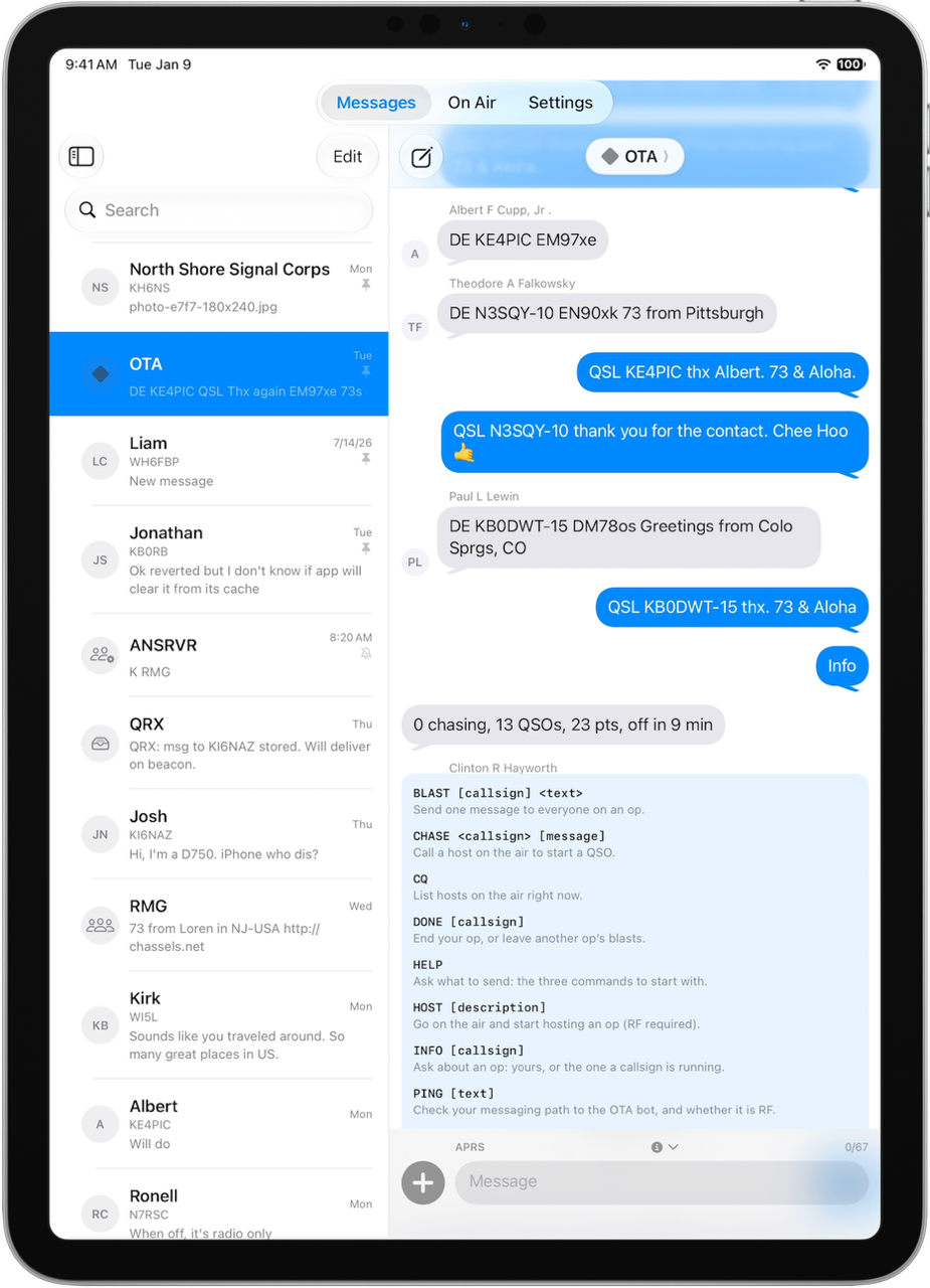 The Radio Messenger help card open over a conversation with OTA. It
            lists BLAST, CHASE, CQ, DONE, HELP, HOST, INFO, and PING, each with
            its arguments and a one line description.