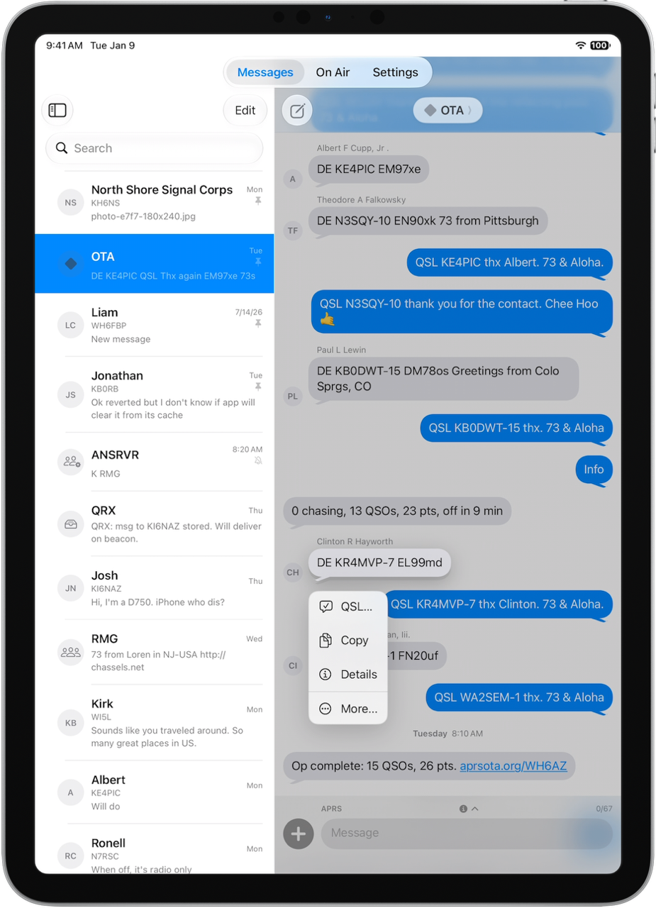 A conversation with OTA on an iPad. Each chaser's DE beacon carries
            the operator's full name above it, and a tapped message has opened a
            menu whose first item is QSL.