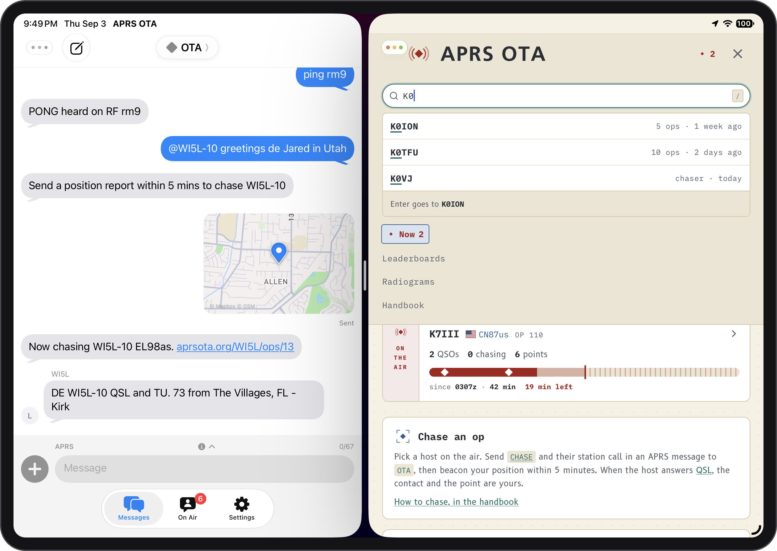 The APRS OTA app on an iPad, split screen with Radio Messenger